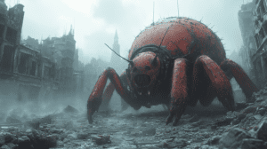 Colossal Bio-Engineered Insect Navigates Through Foggy Ruins Of A Post-Apocalyptic Cityscape With Crumbling Skyscrapers Towering In The Misty Distance And Eerie Stillness Prevailing In The Desolate Streets BIOPUNK PHOTOGRAPHY by BioPunk Ambience