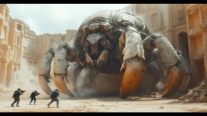 Armored Colossus Confrontation in Ancient Desert Ruins as Armored Soldiers Strategically Engage Giant Mechanized Creature Amidst Dust and Eroded Architectural Marvels BIOPUNK PHOTOGRAPHY by BioPunk Ambience