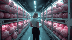 Lab Technician Navigating the Surreal Neon-Lit Corridor of Towering Shelves Lined with Synthetic Neural Growths Displaying Rows of Biologic Brain-Like Structures Illuminated in Soft Pink Hues within a High-Tech Facility Harnessing Bioengineering Marvels of Organic Computing and Memory Storage to Usher Humanity Into a New Era of Cognitive Mastery and Genetic Innovation BIOPUNK PHOTOGRAPHY by BioPunk Ambience