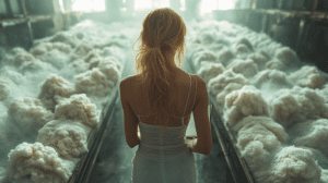 Young Woman in Sunlit Industrial Space Surveying Rows of Soft White Cotton Fibers Creating a Dreamlike Atmosphere with Warm Light and Subtle Textures BIOPUNK PHOTOGRAPHY by BioPunk Ambience