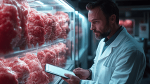 Scientist in a Lab Coat Observing Shelves of Cultivated Tissue in a Sterile Laboratory Environment Illuminated by Soft Blue Lights with Glass Enclosures Storing Lab-Grown Meat Specimens for Sustainable Food Production Research as He Takes Notes on a Spiral Notebook BIOPUNK PHOTOGRAPHY by BioPunk Ambience