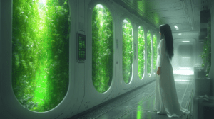 Mystical Woman in Flowing White Gown Stands in Futuristic Corridor Lined with Vibrant Green Walls of Lush Foliage Illuminated by Soft Ambient Light While Contemplating Nature and Technology Harmoniously Intertwined BIOPUNK PHOTOGRAPHY by BioPunk Ambience