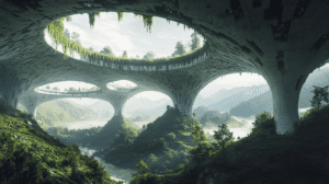 Verdant Spanning Structures With Lush Vegetation And Serene Valleys Amid Towering Green Landscapes And Misty Horizons Underneath Massive Green Botanical Bridges BIOPUNK PHOTOGRAPHY by BioPunk Ambience