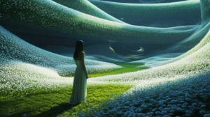 Ethereal Journey Through Bioluminescent Meadow With Vast Flowing Fields Of Luminous Flowers And Serene Figure Standing In Dreamlike Landscape Of Verdant Grasses Embraced By Gently Arching Petal-Charged Tunnels BIOPUNK PHOTOGRAPHY by BioPunk Ambience