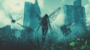 Futuristic Cityscape With Towering Glass Skyscrapers Looming Over Wild Grassy Fields Where A Human Figure Equipped With Large Translucent Insect Wings Walks Alongside Gigantic Bioengineered Insect Creatures Hovering Amidst Urban Ruins Under A Misty Cyan Sky BIOPUNK PHOTOGRAPHY by BioPunk Ambience