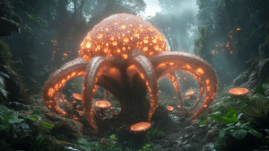 Luminous Bioluminescent Mushroom-Like Structure Illuminating a Mystical Forest with Glowing Fungal Pods and Radiant Flora Creating an Enchanting Atmosphere of Organic Wonders BIOPUNK PHOTOGRAPHY by BioPunk Ambience