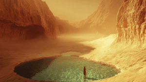 Solitary Figure Beside Serene Oasis Pool Set Within Towering Sand Dunes Under Golden Hued Sky In Sunlit Desert Canyon BIOPUNK PHOTOGRAPHY by BioPunk Ambience