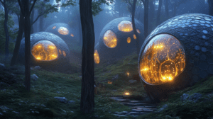 Luminous Bio-Domes Nestled in Enigmatic Forest with Glowing Organic Structures Amid Verdant Canopy Casting Soft Light Through Ancient Woods Illuminating Pathways and Harmonizing with Nature BIOPUNK PHOTOGRAPHY by BioPunk Ambience