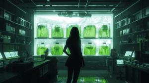 Luminous Bio Vats Emiting Neon Glow with Suspended Organic Growth and Silhouetted Figure In Futuristic Lab Filled With Advanced Equipment and Bioluminescent Screens BIOPUNK PHOTOGRAPHY by BioPunk Ambience