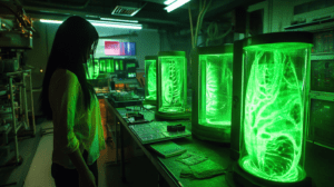 Young Woman Observes Bioluminescent Organic Creations Suspended in Transparent Vats Illuminating a Dim Laboratory Filled with Advanced Genetic Equipment and Glowing Monitors Showcasing the Future of Biological Engineering BIOPUNK PHOTOGRAPHY by BioPunk Ambience