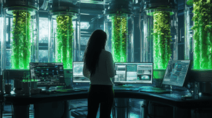 Innovative Laboratory With Luminescent Green Biopods And High-Tech Monitors Where A Lone Scientist Analyzes Complex Biological Data Amidst Towering Algal Columns In A Cutting-Edge Facility BIOPUNK PHOTOGRAPHY by BioPunk Ambience