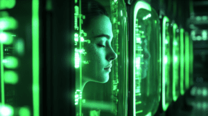 Emerald Glow Of Sleeper In Futuristic Bio Vats Within Lab Where Luminescent Data Streams Converge With Serenity As Human Face Rests In Peaceful Suspended Animation Amidst Rows Of Advanced Organic Engineering Pods BIOPUNK PHOTOGRAPHY by BioPunk Ambience