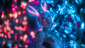 The Enigmatic Silhouette Of A Futuristic Figure Adorned With Luminous Hare Ears Standing Amidst A Vibrant Neon-Lit Landscape Surrounded By Glowing Flora And A Kaleidoscope Of Colors In A Mystical Bioluminescent Wonderland BIOPUNK PHOTOGRAPHY by BioPunk Ambience