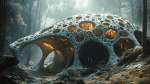 Luminous Fungal Habitat Nestled Within Enchanted Forest Bathed in Soft Morning Light with Intricate Organic Architecture Featuring Honeycomb Openings and Warm Glowing Interiors Amidst Lush Verdant Surroundings and Misty Woodland Atmosphere BIOPUNK PHOTOGRAPHY by BioPunk Ambience