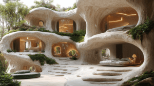 Futuristic Organic Living Spaces Within Mushroom Shaped Dwellings Melding Nature With Modern Design Featuring Curved Sandy Exteriors And Open Plan Interiors Highlighted By Soft Ambient Lighting Surrounded By Vibrant Greenery In A Harmonious Blend Of Technology And Natural Environment BIOPUNK PHOTOGRAPHY by BioPunk Ambience