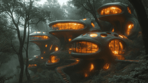 Organic Mushroom-Like Homes With Twisting Luminescent Pathways Nestled Among Ancient Trees Glowing With Warm Light Against A Misty Forest Backdrop Portraying A Harmonious Blend Of Nature And Living Architecture BIOPUNK PHOTOGRAPHY by BioPunk Ambience