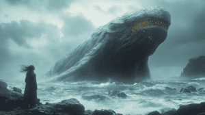 The Monolithic Leviathan Emerges From Turbulent Seas As Stormy Clouds Swirl Over A Rugged Coastline With A Lone Figure Gazing In Awe At The Gargantuan Creature Illuminated By Golden Light Within Its Massive Form Amidst Roaring Waves And Craggy Rocks BIOPUNK PHOTOGRAPHY by BioPunk Ambience