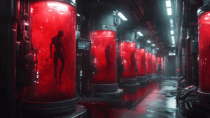 Endless Corridor Of Biogenetic Experimentation With Luminescent Red Bio Vats Containing Suspended Human Forms In A Mysterious Futuristic Laboratory Where Technology And Organic Engineering Converge Beneath A Glow Of Artificial Light BIOPUNK PHOTOGRAPHY by BioPunk Ambience