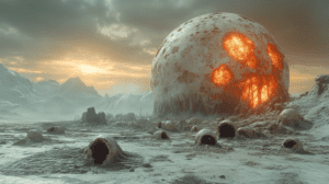 Colossal Bioluminescent Sphere Illuminates Desolate Alien Landscape with Fiery Openings Amidst Frozen Terrain and Looming Mountain Range Under Gloomy Skies BIOPUNK PHOTOGRAPHY by BioPunk Ambience