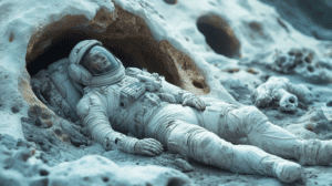 Desolate Astronaut Lying in a Rocky Alien Terrain Nestled in a Hollowed Cave Amidst a Bleak Landscape of Grayish Dust and Unfamiliar Rock Formations Wearing a Space Suit with Frosted Helmet Reflecting an Eerie Martian Atmosphere and Frozen Moonscape with Foreboding Shadows Looming Overhead BIOPUNK PHOTOGRAPHY by BioPunk Ambience