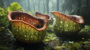 Forest Floor Featuring Giant Luminescent Pitcher Plants With Rich Green And Red Textures Amidst Lush Vegetation And Soft Filtering Light Creating A Mystical Atmosphere In The Heart Of A Serene Rainforest BIOPUNK PHOTOGRAPHY by BioPunk Ambience