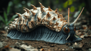 Colossal Spiked Snail With Textured Ashen Body And Glossy Amber Eyes Crawling Amongst Fallen Leaves In Dappled Forest Light BIOPUNK PHOTOGRAPHY by BioPunk Ambience