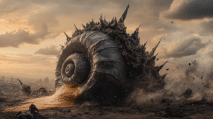 Monstrous Shell-Like Structure Erupting from the Earth with Jagged Spikes Against a Dramatic Orange and Gray Sky as Dust and Debris Scatter Across an Almost Apocalyptic Urban Landscape in the Background BIOPUNK PHOTOGRAPHY by BioPunk Ambience