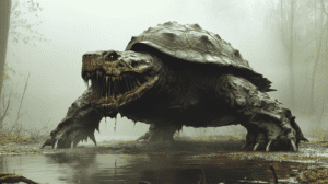 Colossal Monstrous Tortoise Emerging from the Misty Swampland with Gnarled Limbs and Jagged Teeth Amidst Verdant Foliage and Creeping Fog in an Eerie Forest Setting BIOPUNK PHOTOGRAPHY by BioPunk Ambience