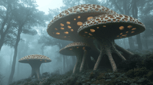 Colossal Luminescent Mushroom-like Structures Towering Amidst Foggy Enchanted Forest with Intricate Patterns and Organic Growths Radiating Soft Light Illuminating Dense Verdant Foliage and Majestic Trees Creating a Mystical Atmosphere BIOPUNK PHOTOGRAPHY by BioPunk Ambience