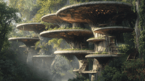 Futuristic Organic Architecture With Towering Mushroom-Like Structures Nestled In Dense Verdant Forest Creating A Harmonious Blend Of Nature And Design Elevated Wooden Platforms Accessible By Rustic Stairways Bathed In Gentle Sunlight Filtering Through Lush Green Foliage BIOPUNK PHOTOGRAPHY by BioPunk Ambience