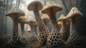 A Mystical Forest Of Towering Lattice Mushrooms Bathed In Morning Light With Intricate Patterns Of Organic Architecture Melding Nature And Artistry Amidst A Serene Woodland Scene Of Enchanting Fungal Towers BIOPUNK PHOTOGRAPHY by BioPunk Ambience