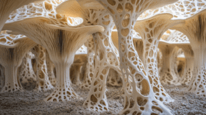 Organic Latticework of Intricate Mushroom-Like Structures Forming a Surreal Forest of Bone White Stalks and Canopies Interwoven with Delicate Filigree Patterns on a Sandy Textured Surface Creating an Ethereal Dreamscape BIOPUNK PHOTOGRAPHY by BioPunk Ambience