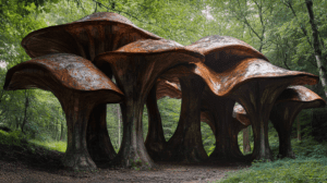 Majestic Colossal Mushroom-Like Structures Rising Amidst Lush Verdant Forest Canopy Creating A Mystical Organic Architecture In A Harmonious Blend Of Nature And Human Ingenuity With Towering Fungal Columns Forming A Living Shelter Beneath The Thick Canopy Of Leaves And Moss BIOPUNK PHOTOGRAPHY by BioPunk Ambience