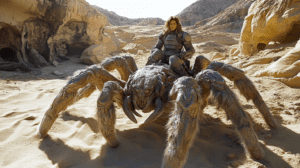 Armored Adventurer Traversing Arid Alien Landscape on Gigantic Furry Spider Creature Amidst Sunlit Rocky Terrain and Shadowed Caves BIOPUNK PHOTOGRAPHY by BioPunk Ambience