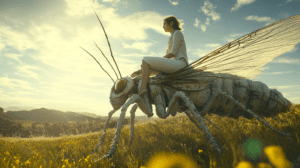 Woman Riding a Giant Genetically Engineered Insect Across a Lush Flowering Meadow Under a Golden Sunlit Sky with Distant Rolling Hills and a Serene Atmosphere of Harmonious Coexistence Between Humans and Nature in a Future Where Biology Reigns Supreme BIOPUNK PHOTOGRAPHY by BioPunk Ambience