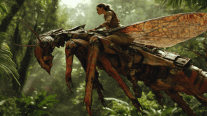 Navigator Riding a Gigantic Bioengineered Insect With Transparent Wings Through Lush Verdant Jungle Amid Sunlit Canopies of Towering Trees and Dense Foliage in a Harmonious Blend of Nature and Advanced Biotechnology Featuring Organic Elements and Technological Marvels in Endless Greenery BIOPUNK PHOTOGRAPHY by BioPunk Ambience