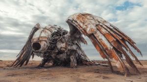 Rustic Metal Wings in Vast Desert Landscape Under Clouded Sky With Fragments of Weathered Machinery and Eroded Structure as a Symbol of Industrial Decay Amidst Nature's Resilience BIOPUNK PHOTOGRAPHY by BioPunk Ambience