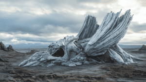 Ethereal Frozen Landscape With Monolithic Organic Structures Resembling Twisted Alien Flora Set Against A Dramatic Overcast Sky In A Desolate Expanse Of Wind-Carved Rocks And Barren Terrain BIOPUNK PHOTOGRAPHY by BioPunk Ambience