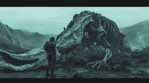 Exploration Of A Desolate Alien Planet Landscape Where A Lone Explorer Stands In Awe Of A Colossal Fossilized Dragon Skeleton Amidst Rocky Terrain Under An Overcast Sky With Distant Misty Mountains BIOPUNK PHOTOGRAPHY by BioPunk Ambience