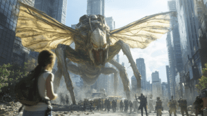 Encounter in the Cityscape as Enormous Biomechanical Insect Looms Menacingly Above Awe-Struck Civilization Amidst Towering Skyscrapers and Desperate Humans in Battle Gear Stand Ready in Futuristic Urban Battlefield on Sunlit Day BIOPUNK PHOTOGRAPHY by BioPunk Ambience