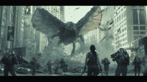 Giant Winged Creature Unleashes Chaos Among Skyscrapers In Downtown Streets While Heavily Armed Soldiers Brace For Battle Amidst Debris Scattered Ground In Apocalyptic Urban Landscape BIOPUNK PHOTOGRAPHY by BioPunk Ambience