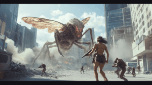 Giant Insectoid Creature Towering Over Smoldering Ruins Amidst Armored Combatants Engaged In Battle In A Post-Apocalyptic Cityscape With Skyscrapers Crumbling In The Background And Smoke Billowing Into The Sky BIOPUNK PHOTOGRAPHY by BioPunk Ambience