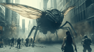 Soldiers Facing Enormous Robotic Insect Amidst Urban Chaos With Skyscrapers And Thick Dust Clouds As Tension Mounts In A Futuristic Cityscape BIOPUNK PHOTOGRAPHY by BioPunk Ambience