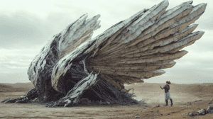 Majestic Fallen Winged Colossus Resting in the Vast Desert Landscape with Intricate Organic Feathers and Twisted Roots While Lone Human Figure Gazes in Awe at the Ancient Marvel Beneath Moody Overcast Skies BIOPUNK PHOTOGRAPHY by BioPunk Ambience