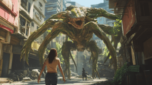 Giant Organic Creature Confronts Two Humans Amidst Overgrown City Ruins With Lush Greenery And Sunlit Vegetation Climbing Decaying Buildings In The Background BIOPUNK PHOTOGRAPHY by BioPunk Ambience