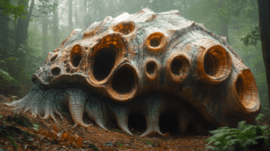 Ancient Forest Dwelling With Organic Shell-Like Exterior Nestled Among Moss-Covered Trees And Misty Verdant Foliage Illuminated From Within By Warm Golden Light Emanating From Numerous Hollow Openings Resembling Natural Grottos BIOPUNK PHOTOGRAPHY by BioPunk Ambience