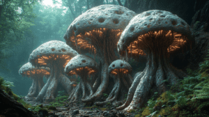 Towering Bioluminescent Mushroom Structures With Twisted Root-Like Stems Illuminating The Dense Forest With Warm Glows And Surrounded By Verdant Foliage And Moss-Covered Ground In A Mystical Woodland Setting BIOPUNK PHOTOGRAPHY by BioPunk Ambience