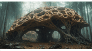 Misty Enchanted Forest With Massive Organic Structure Resembling Intricate Fungal Architecture Nestled Amongst Tall Trees Gently Shrouded In Soft Morning Fog Creating An Ethereal Atmosphere Of Mystical Serenity And Natural Wonder BIOPUNK PHOTOGRAPHY by BioPunk Ambience