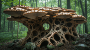 Towering Organic Structure Amidst Verdant Forest Featuring Intricate Network of Massive Mycelium Roots and Expansive Mushroom Cap Canopy Creating a Mystical Dwelling Within Lush Greenery and Dappled Sunlight Enveloped by Trees and Soft Moss-Covered Rocks BIOPUNK PHOTOGRAPHY by BioPunk Ambience