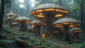 Luminous Mushroom Homes Emanating Golden Glows In Enchanted Forest Amidst Verdant Lush Foliage With Towering Trees Under Soft Hazy Sky BIOPUNK PHOTOGRAPHY by BioPunk Ambience